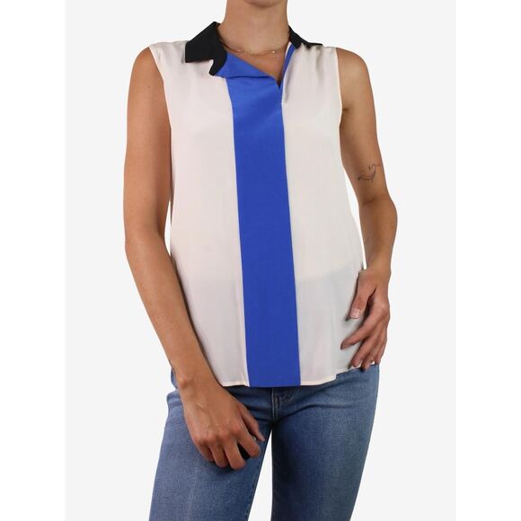 Sandro Paris  100% Silk White Blue Collared Shirt Sleeveless preppy Size 1 US S - Picture 1 of 10